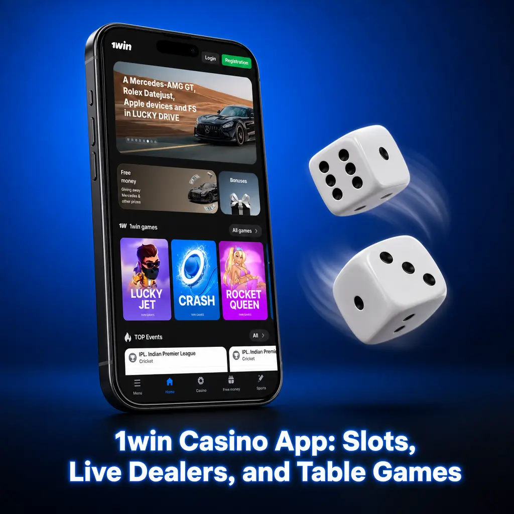 1win casino app home screen showing live dealer tables, slots, and table games from top providers like Evolution Gaming