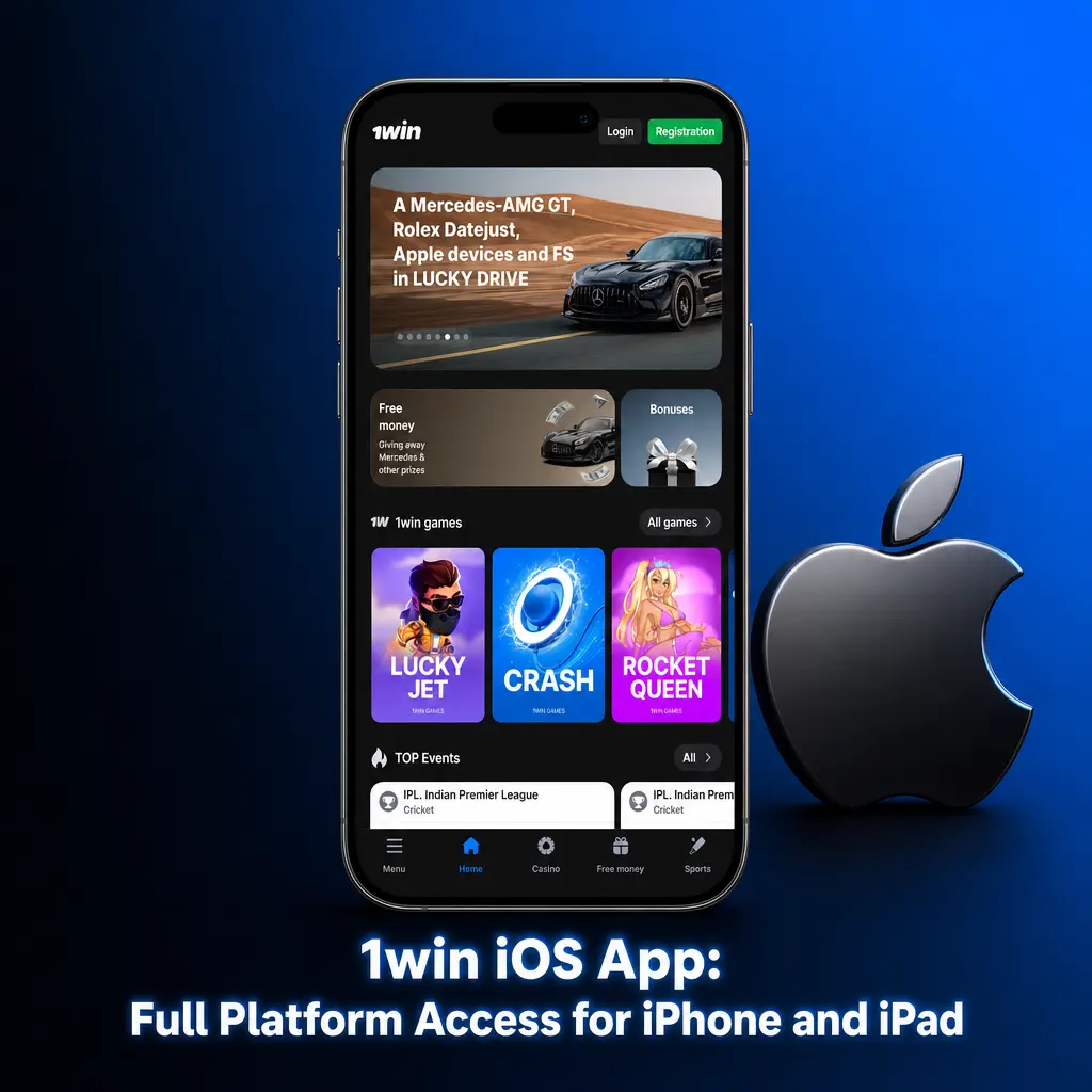 1win iOS app on iPhone and iPad showing sportsbook, live casino, and account management features
