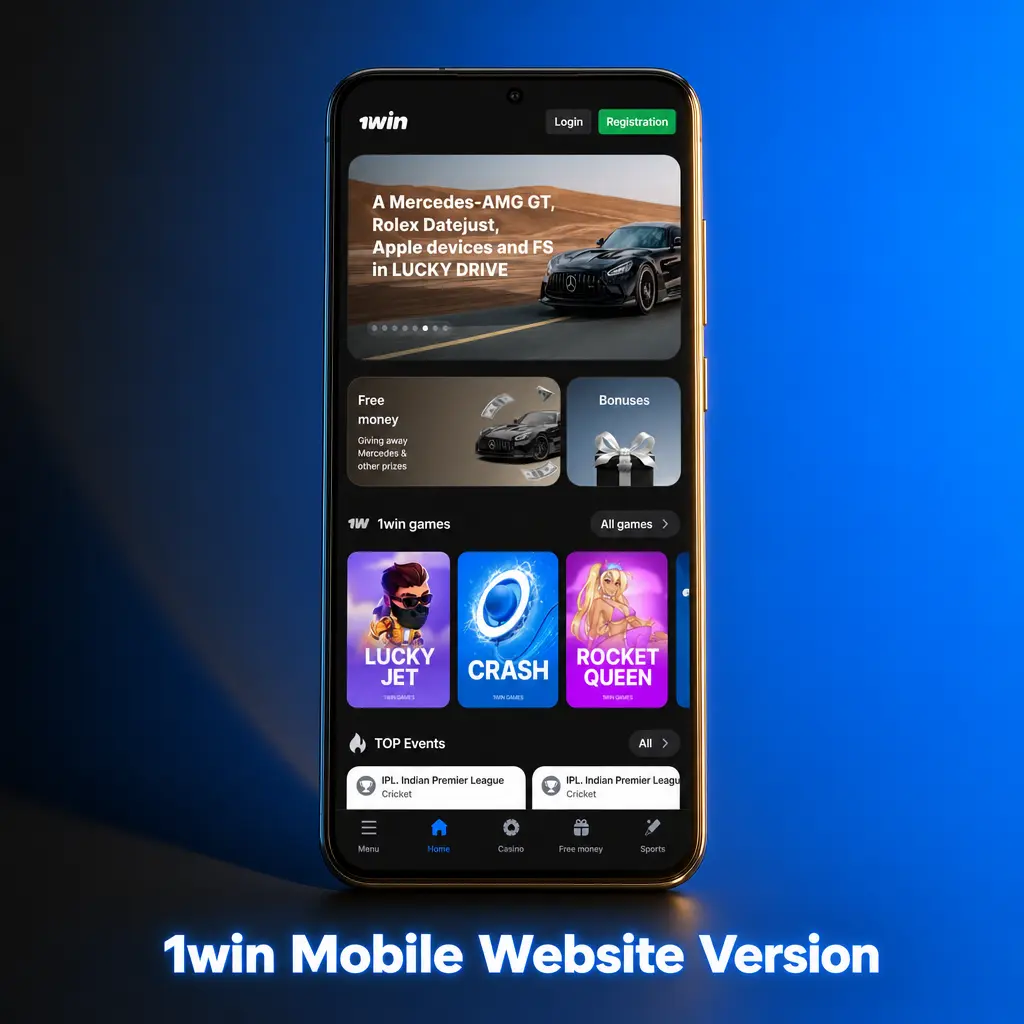 1win mobile website on smartphone browser showing sports betting, live casino, and payment options like UPI and PhonePe