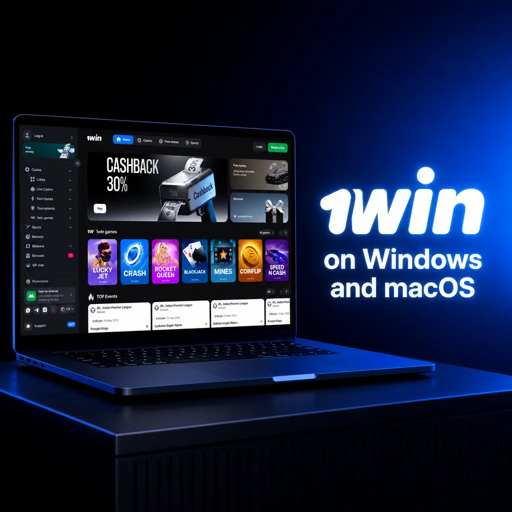 1win platform accessible on Windows and macOS via browser with sports betting, casino, and cashier features available