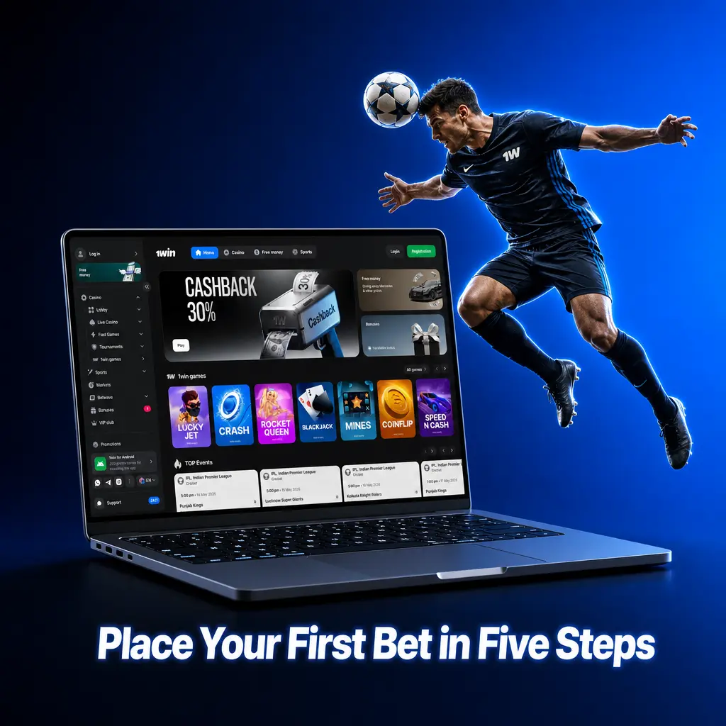 Step-by-step guide showing how to place your first bet on 1win in five easy steps from registration to confirmation