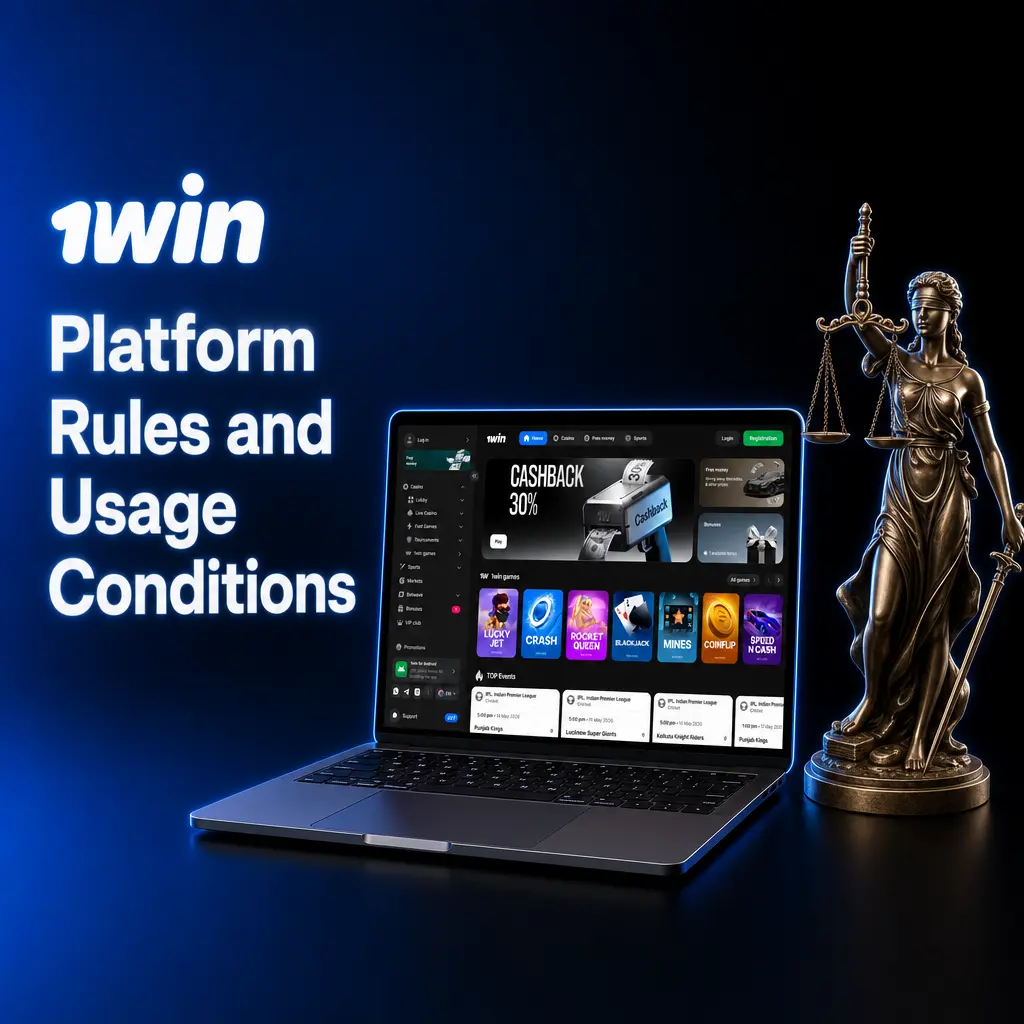 1win platform rules showing age requirement, account policies, bonus wagering terms, and KYC verification conditions