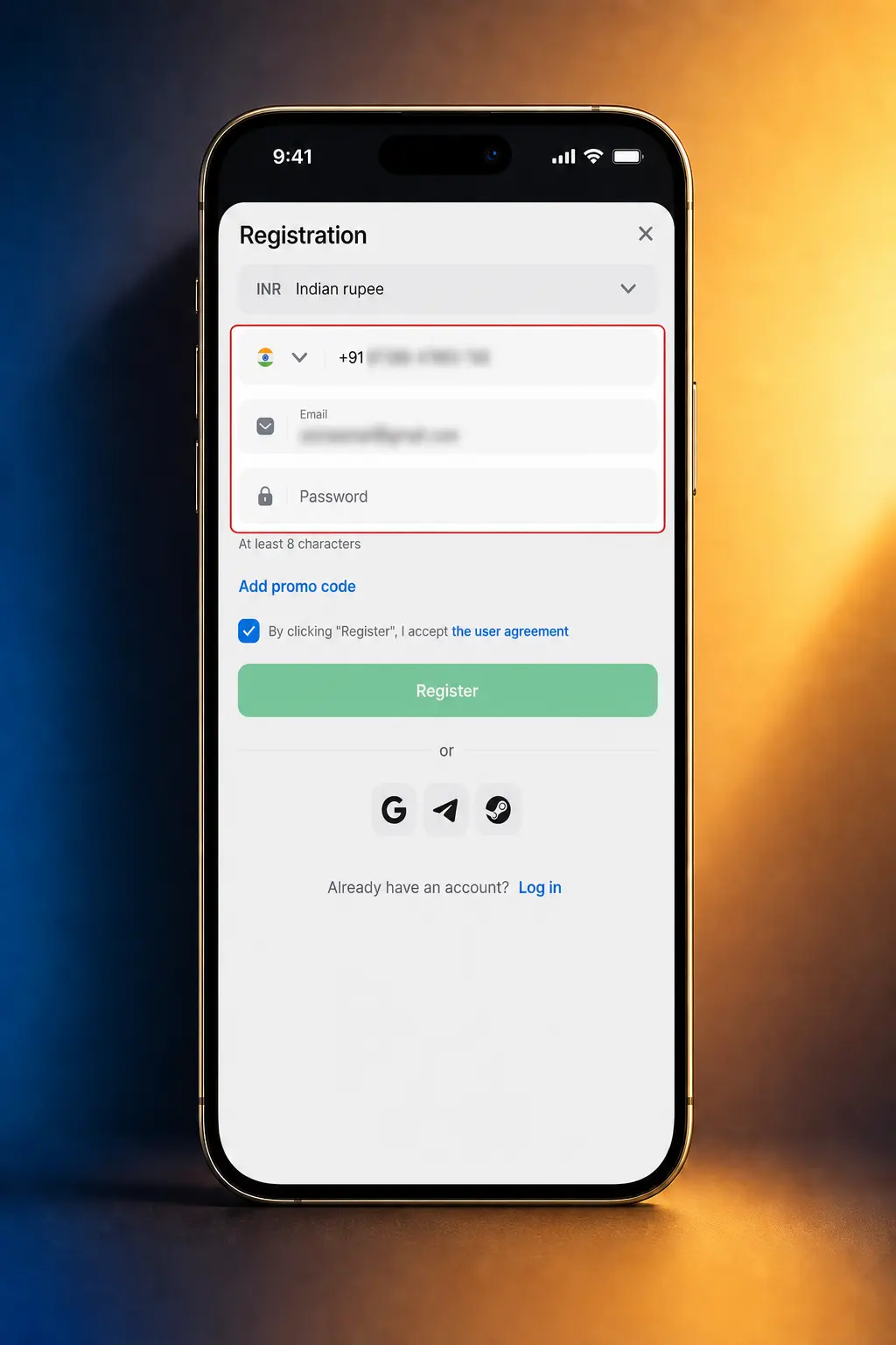 1win registration form showing sign up steps with email, phone, and social media options for Indian players