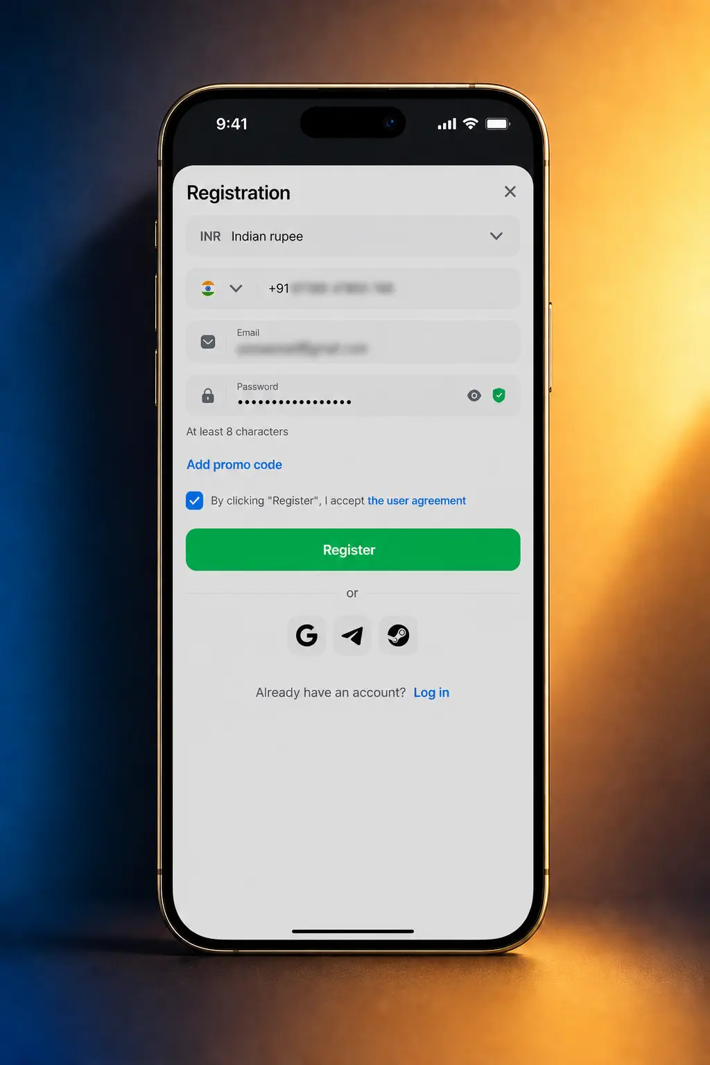 1win sign up registration form showing four steps to create account with email or phone number for Indian players