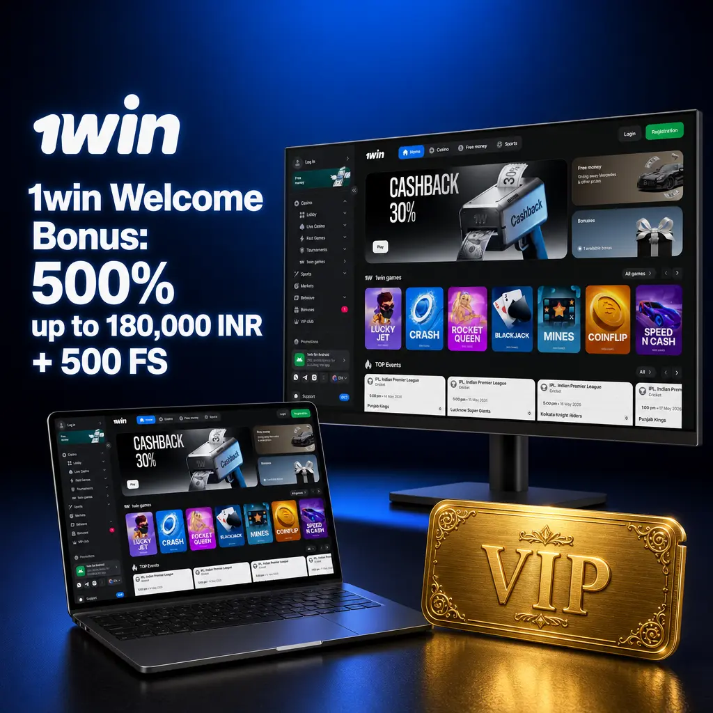 1win welcome bonus offer showing 500% up to 180,000 INR and 500 free spins across four deposit tiers