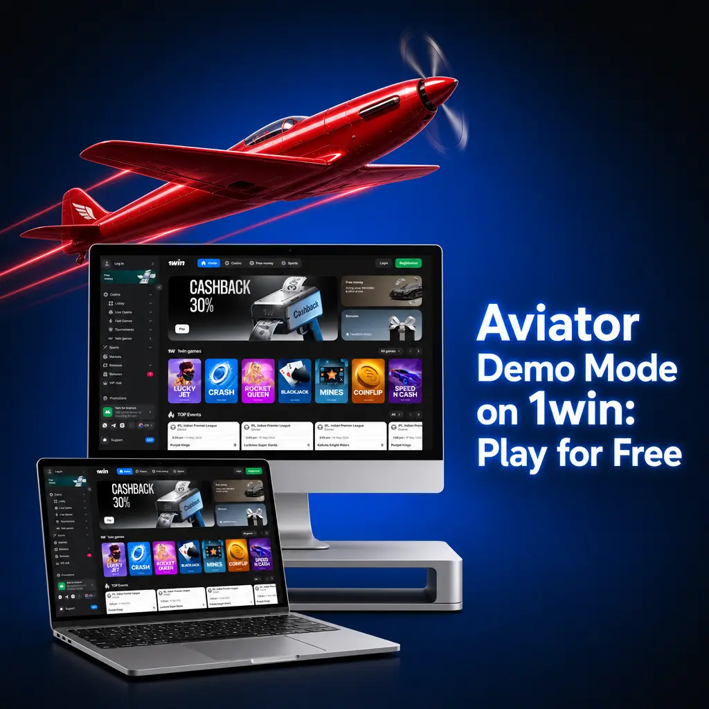 Aviator demo mode on 1win showing virtual credits gameplay with auto bet and live statistics panel