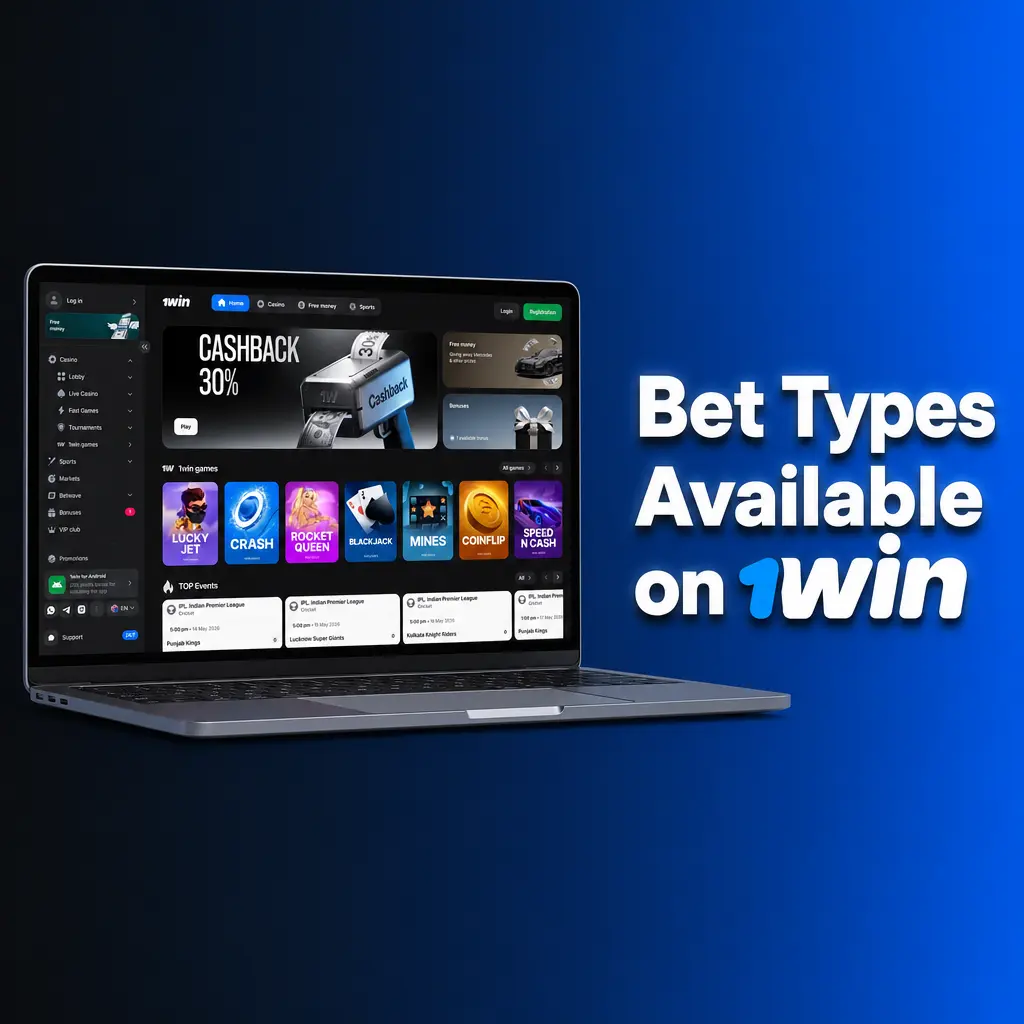 Diagram showing Single, Express Accumulator, and System bet types available on 1win betting platform