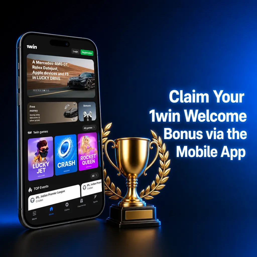 1win mobile app welcome bonus claim screen showing deposit options and free spins offer for Android and iOS users