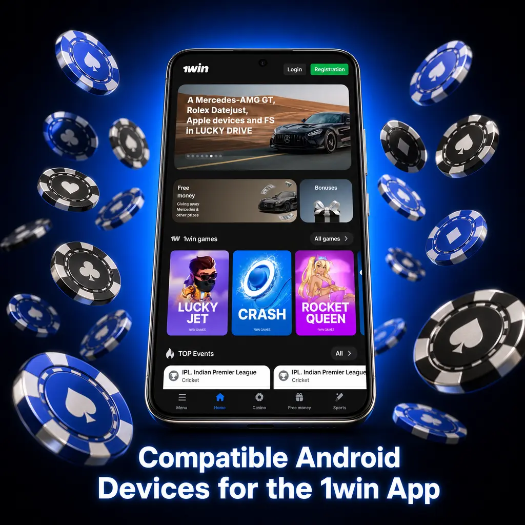 Compatible Android devices for the 1win app including Samsung, Redmi, Realme, OnePlus, POCO, Vivo, Oppo, Motorola, Infinix