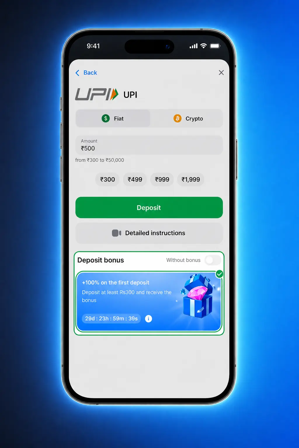1win registration bonus claim steps for new players in India showing deposit and bonus activation process