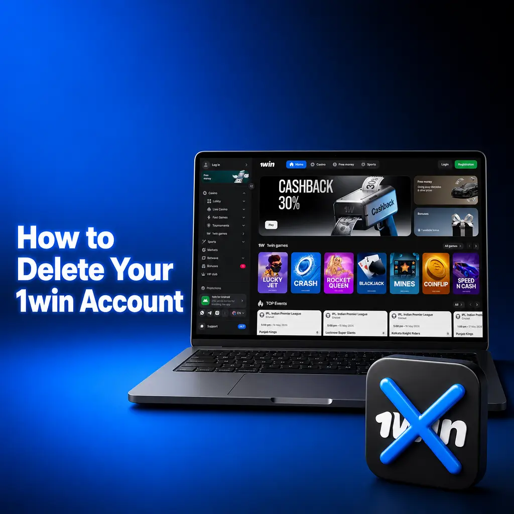 1win account deletion settings page showing close account option in profile menu for permanent closure