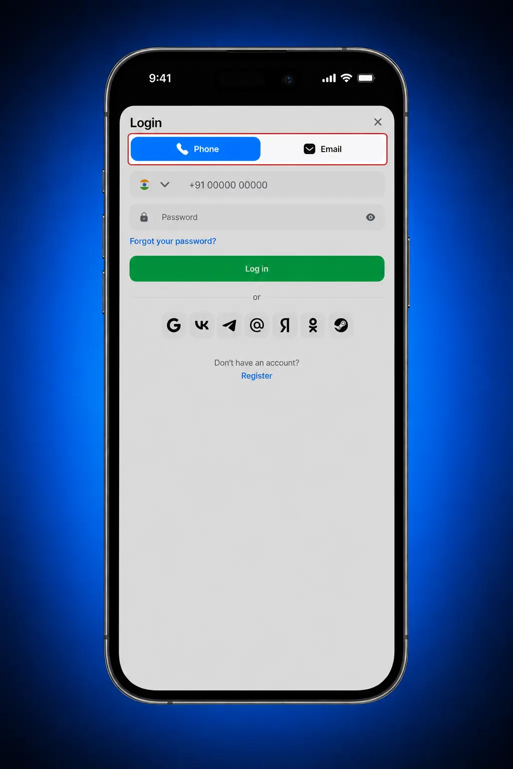 1win mobile app login screen on Android showing email, phone, Google, and VK sign-in options