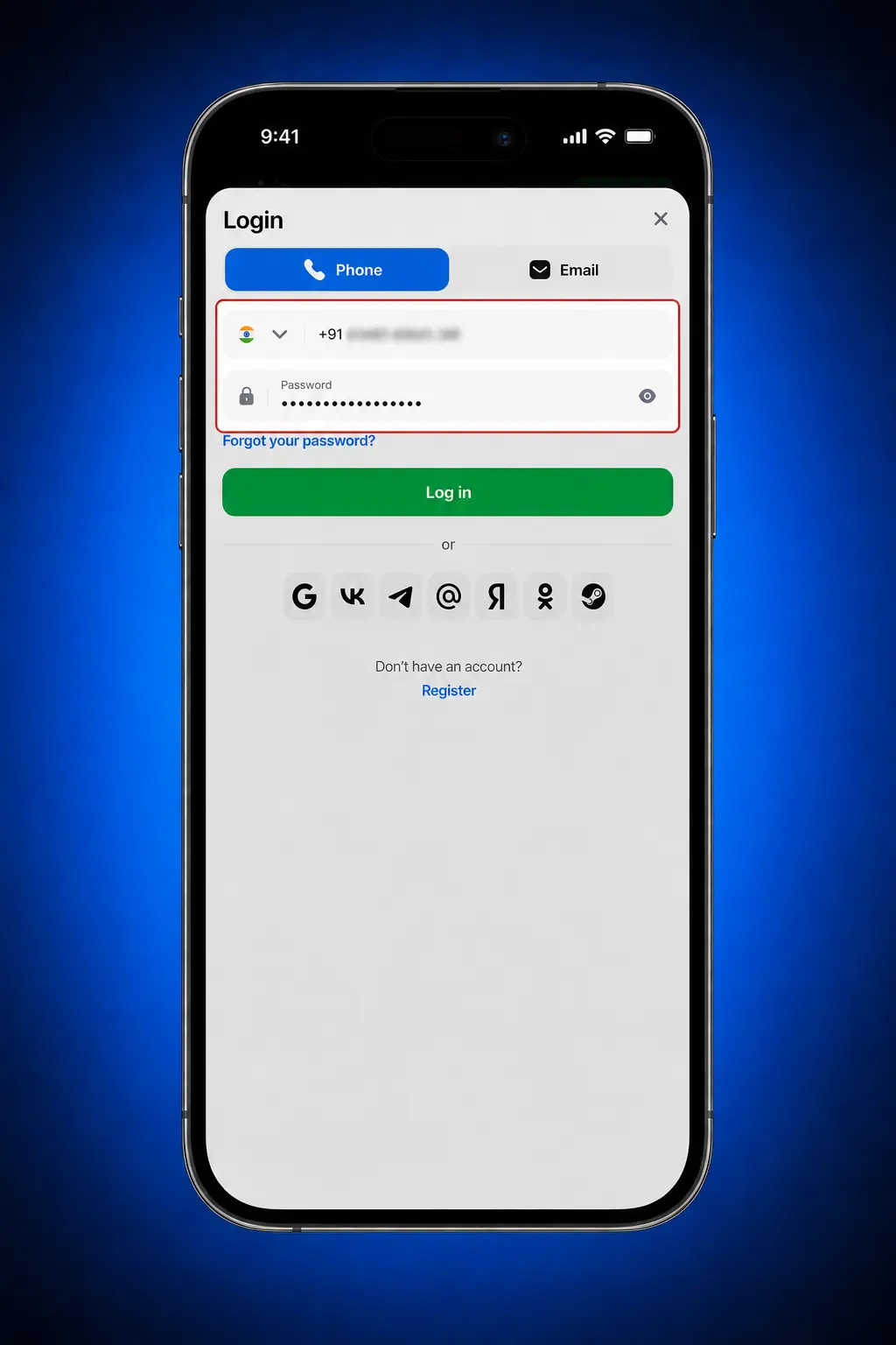 1win mobile app login screen on Android showing email, phone, Google, and VK sign-in options