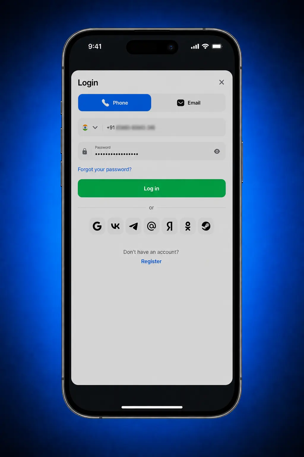 1win mobile app login screen on Android showing email, phone, Google, and VK sign-in options