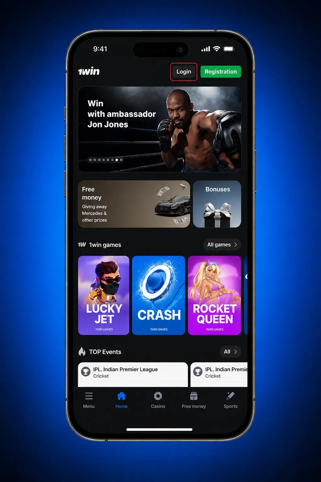 1win mobile app login screen on Android showing email, phone, Google, and VK sign-in options