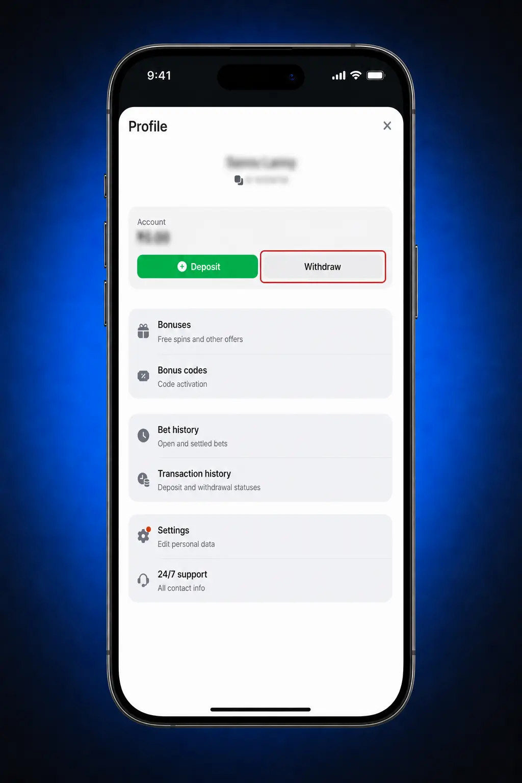 1win withdrawal steps showing UPI, PhonePe, Paytm and bank transfer options with minimum ₹500 limit
