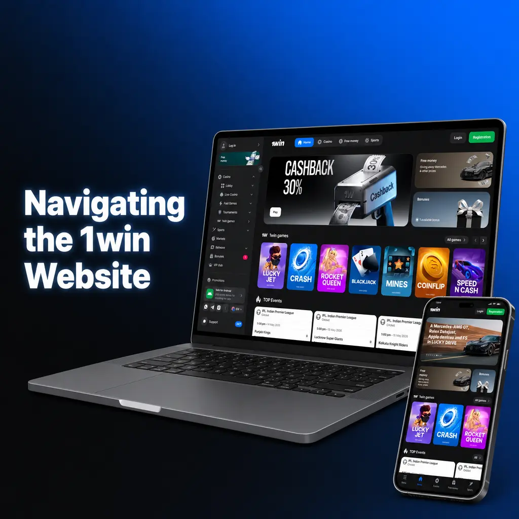 1win website dark-themed navigation bar showing Sports, Live, Casino, Cybersports tabs with account balance and deposit options