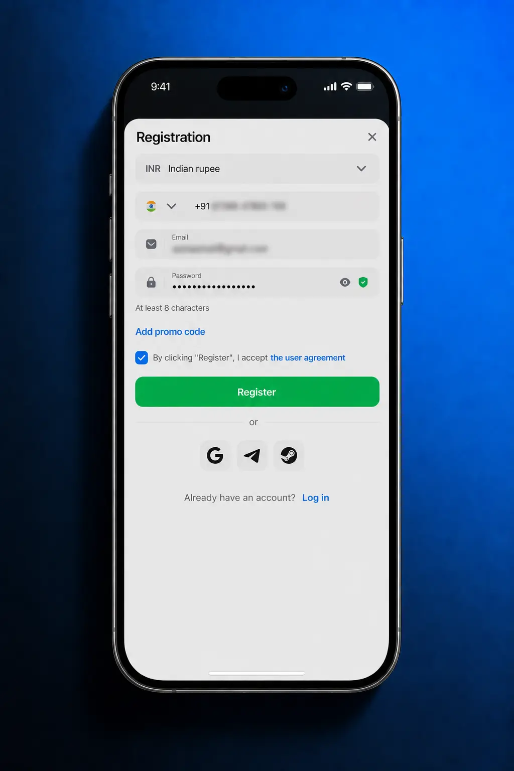 1win app registration screen showing sign-up steps for Android and iOS users in India with INR currency option
