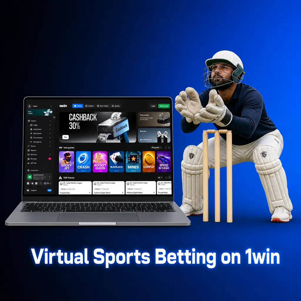 Virtual sports betting on 1win platform showing football, cricket, horse racing and basketball simulations available 24/7